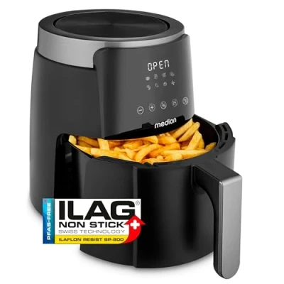 Abbildung von MEDION P40 L Heißluftfritteuse (4,7 Liter, Airfryer, 1500 Watt, einfache Bedienung, ölfreies Frittieren, 60 Min Timer, bis zu 200 C, Antihaft Beschichtung, MD13030) schwarz