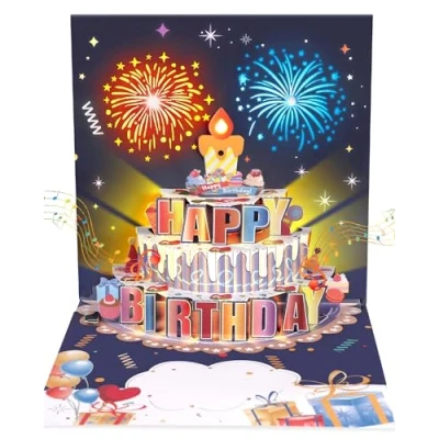 Abbildung von GlasFlength Geburtstagskarte mit Musik Blowable LED Licht Kerze, Geburtstagskarten Feuerwerk Happy Birthday Card Lustige 3D Pop Up für Frau Freund Kinder Schwestern Familie