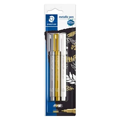 Abbildung von STAEDTLER metallic pen mit runder Fasermalerspitze, Lininenbreite 1 2 mm, deckend auf hellem und dunklem Papier, leicht abwischbar von glatten Oberflächen, Blisterkarte 3 Markern, 8323 S BK3