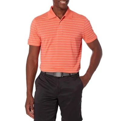 Abbildung von Amazon Essentials Herren Golf Poloshirt, Schnell Trocknend, Schmale Passform, Korallenorange Streifen, M