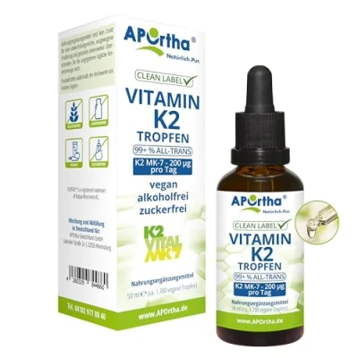 Abbildung von APOrtha® Vitamin K2 MK 7 Tropfen (K2VITAL®) 50 ml, 200 µg pro Tagesdoses von 10 Tropfen, ca 1.700 vegane 99+% ALL Trans, hochdosiert, allergenfrei, alkoholfrei, zuckerfrei, glutenfrei