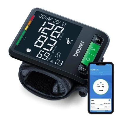 Abbildung von Beurer BC 87 Handgelenk Blutdruckmessgerät mit App Anbindung, klinisch validiert, XL Display, Ruheindikator, Inflation Technology, farbigem Risiko Indikator und Arrhythmie Erkennung