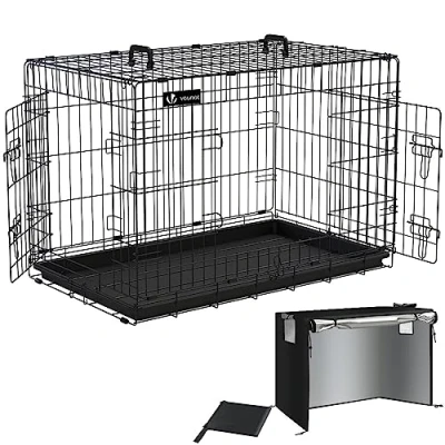 Abbildung von VOUNOT Hundekäfig Klappbar mit Abdeckung, Hundebox Auto Hundetransportkäfig Doppeltüren, 2 Transportgriffen &amp; Bodenschale, L 92x58x64 cm, Schwarz