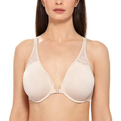 Abbildung von DELIMIRA Damen Vollschalen Vorderverschluss Seamless BH mit Bügel Ungepolster BHS Große Brüste Racerback Beige 70D