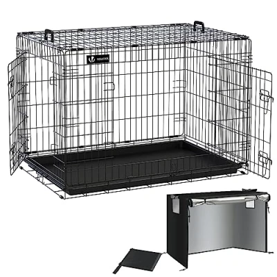 Abbildung von VOUNOT Hundekäfig Klappbar mit Abdeckung, Hundebox Auto Hundetransportkäfig Doppeltüren, 2 Transportgriffen &amp; Bodenschale, XL 107x70 x78 cm, Schwarz