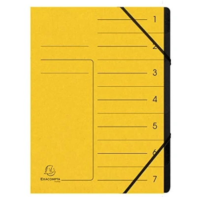 Abbildung von Exacompta 540709E Premium Ordnungsmappe geheftet. Aus extra starkem Colorspan Karton DIN A4 7 schwarze Fächer und 2 Gummizüge mit Organisationsdruck Ringmappe Register Mappe gelb