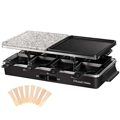 Abbildung von Russell Hobbs Raclette Grill 8 Personen [inkl. Pfännchen und Holzspachtel, 2 Tischgrill Platten] Multi (Naturstein mit Saftrinne, antihaftbeschichtete Wendeplatte geriffelt) Schwarz,26280 56