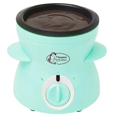 Abbildung von Bestron Schokoladen Fondue für 2 Personen, Mini Schokofondue Set, inkl. 10xSpieße, 10xGabeln und 1xSpachtel, 25Watt, Farbe: Mint