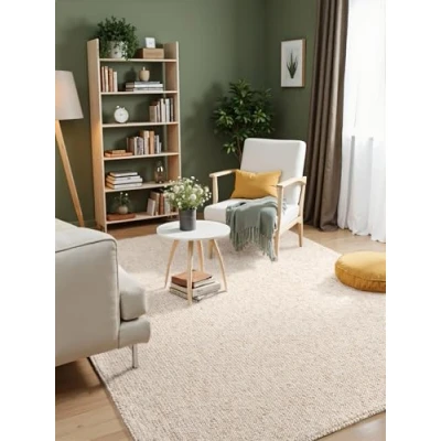 Abbildung von Elle Decoration Rocco Weicher Flachgewebe Teppich, Maschinen Waschbar, Woll Optik, Langlebig &amp; Nachhaltig, Modern, Skandi Look für Wohnzimmer, Esszimmer, Schlafzimmer, Flur Creme, 160x230cm