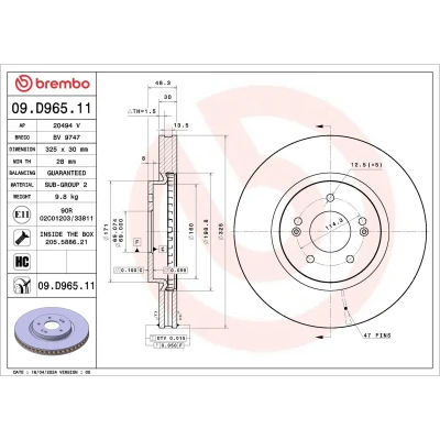 Abbildung von BREMBO Bremsscheibe HYUNDAI: Tucson, KIA: Sportage V 325mm 30mm 5 innenbelüftet beschichtet hochgekohlt 09.D965.11 Bremsscheiben, Scheibenbremsen