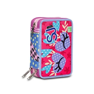 Abbildung von SJ Gang Federmäppchen, Mäppchen, mehrfarbig, Federtasche für Schreibwaren, Etui mit Stiften, Kugelschreiber, &amp; mehr, 3 Fächer, Mädchen Jungen, Schule Grundschule, XXL, rosa/violett