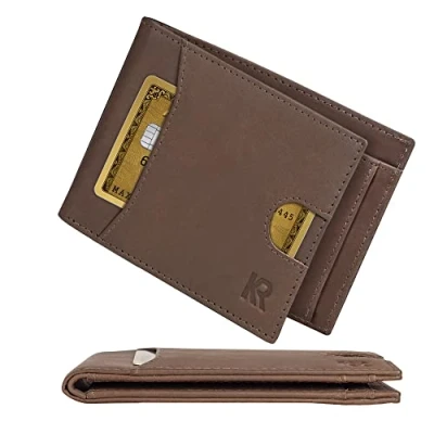 Abbildung von KRONIFY Leder Geldbörse Herren Echtleder Geldbeute, Slim Wallet mit Münzfach RFID, Portemonnaie fur Karten &amp; Munzen, 9 Kartenfächer für Männer Brieftasche Portmonee (Kein Clip, Braun)