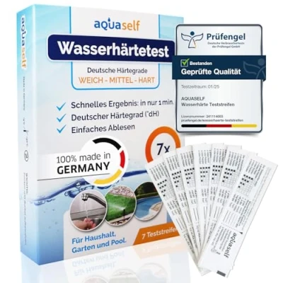 Abbildung von Wasserhärte Teststreifen 7 Stück Deutscher Härtebereich dH messen in weich, mittel, hart einzeln verpackt Made Germany