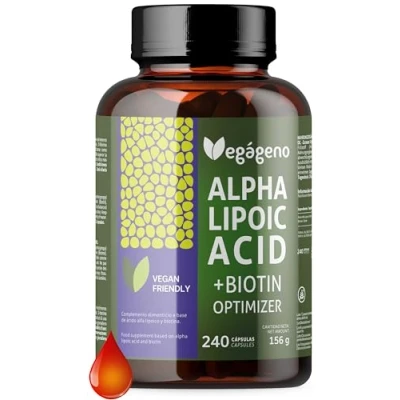 Abbildung von Alpha Liponsäure (ALA) + BIOTIN Optimizer, Hohe Bioverfügbarkeit, Natürliches Antioxidans, Glutenfrei, Genfrei, 100% Vegan, Stärkt Haut, Nägel &amp; Haar, 240 vegetarische Kapseln, 4 Monats Vorrat