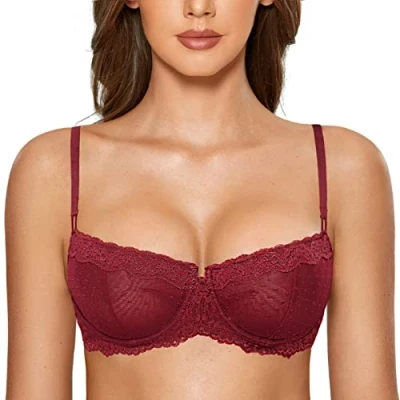 Abbildung von DOBREVA Balconette BH Damen mit Bügel Push Up Dirndl Spitze BHS Sexy Grosse Grössen Ungefüttert Dunkelrot#New 85F