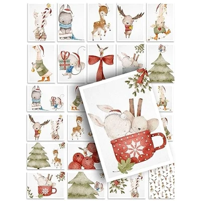 Abbildung von Spielefabrik Weihnachtskarten 24 Stück Postkarten Tierisch Niedlich Boho Deko Design Illustration schöne süße Weihnachtspostkarten Weihnachten Xmas Set Mix Geschenk Grußkarten Geschenkkarten