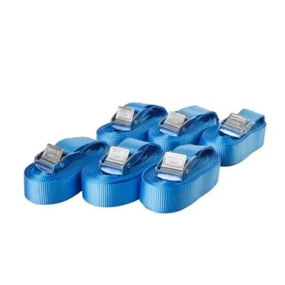 Abbildung von Sandax 6er Set Spanngurte mit Klemmschloss, Länge 4m, Breite 25mm, Farbe blau, Zurrgurte Klemmverschluss, belastbar bis 250kg, nach DIN EN 12195 2, Einteilige hochwertige Klemmschlossgurte