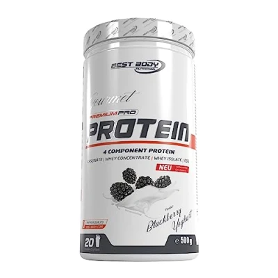 Abbildung von Best Body Nutrition Gourmet Premium Pro Protein, Blackberry Yoghurt, 4 Komponenten Protein Shake: Caseinat, Whey Konzentrat, Isolat, Eiprotein, 500 g Dose