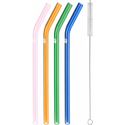 Abbildung von ZWILLING Sorrento Glasstrohhalme, Nachhaltig und wiederverwendbar, Borosilikatglas, Für Kalt Heißgetränke, 4 Stück, Länge: 23 cm, Gebogene Form, Farbe: Mehrfarbig, Inkl. Reinigungsbürste
