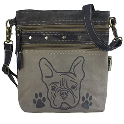 Abbildung von Sunsa Damen graue Umhängetasche. Canvas &amp; Leder Tasche. Kleine Damentaschen in Vintage still. Hunde Motive Crossbody Bag.