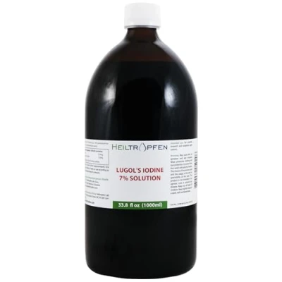 Abbildung von 7% Lugols Lugolsche Jodlösung 1000 ml 21% liquid Formulierung 7 Prozent elementares Jod und 14% Kaliumjodid Inhaltsstoffe in pharmazeutischer Qualität Heiltropfen®
