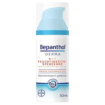 Abbildung von Bepanthol DERMA Feuchtigkeitsspendende Gesichtscreme mit LSF 25, Gesichtspflege für empfindliche und trockene Haut, dermatologisch getestet, Dexpanthenol, nicht komedogene 50 ml Pumpflasche