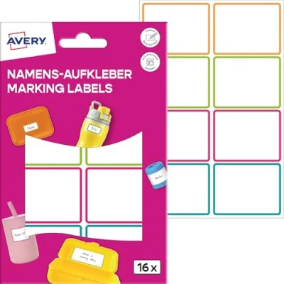 Abbildung von AVERY Zweckform NAME16C Namensaufkleber Kinder wasserfest 16 Stück (35x36mm, Folie, selbstklebende Namens Etiketten, beschriftbare Namensschilder, Spülmaschinenfest, für Schule, Kindergarten) bunt