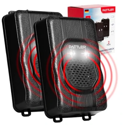 Abbildung von PATTLER® Marderschreck Auto mit Blitzlicht Flexible Stromversorgung 12V Autobatterie, AA Batterie oder USB Effektiver Marderschutz für Auto, Garten, Dachboden 2 Stück