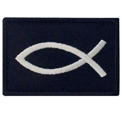 Abbildung von Jesus Fisch Ichthys Bestickter Aufnäher mit Haken und Flauschbänder, Weiß schwarz