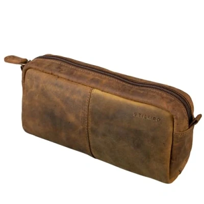 Abbildung von STILORD &#039;Spencer&#039; Federmäppchen, Leder, Make up Tasche, Tasche für Stifte, echtes Vintage, Mittelbraun, M, Modern