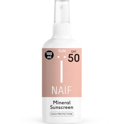Abbildung von Naïf Sonnenschutzspray auf mineralischer Basis Für die ganze Familie LSF 50 Ohne Mikroplastik, Mineralöle oder Silikone Wasserresistent Dermatologisch Getestet Umweltfreundlich 100ML
