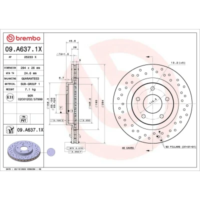 Abbildung von BREMBO Bremsscheibe DODGE: Caliber Hatchback, Journey MPV, JEEP: Patriot, Compass 294mm 26mm 5 gelocht/innenbel. beschichtet 09.A637.1X 2AMV5514AA