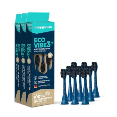 Abbildung von happybrush Aufsteckbürsten 9 Stück (3x3) für elektrische Schallzahnbürste VIBE 3 Wechselköpfe mit Icons zur Unterscheidung Original Ersatzbürsten abgerundeten Borsten(Blau/Ocean)