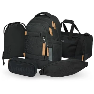 Abbildung von Baagl Schulrucksack Set Jungen Mädchen Teenager 5 Teilig, (Skateboard Rucksack Skate MAX, Mäppchen, Turnbeutel, Sporttasche, Bauchtasche), Ergonomischer Schulranzen, 30 l (Darkness)