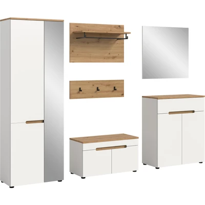 Abbildung von Home affaire Garderoben-Set "Rehat, Garderobenkombination, Breite 255cm" Set, Garderobenschrank, Sitzbank, Paneel, Hakenleiste, Spiegel, Kommode, 6 Stk. tlg.