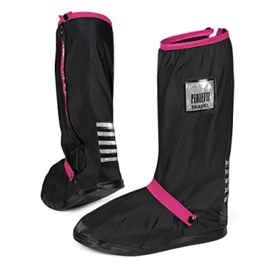Abbildung von PERLETTI Überschuhe Schwarz Wasserdicht Beständig Rutschfest Schuhüberzieher Wiederverwendbar Verstärkt mit Reflektorstreifen Hohe Regenschutz Galoschen für Regen Schnee (XS (33/35 EU), Pink)