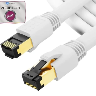Abbildung von HB DIGITAL 5m CAT 8.1 Netzwerkkabel S/FTP LSZH, 40 Gbit/s LAN Patchkabel mit RJ45 Stecker Ethernet Data Cable 40.000 Mbit/s+GHMT Zertifikat Weiss