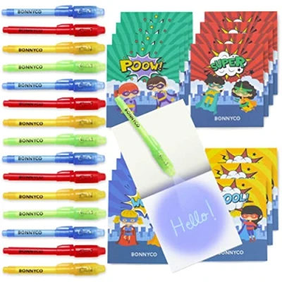 Abbildung von BONNYCO UV Stift und Notizbuch, 16 Stück Superhelden Mitgebsel Kindergeburtstag Gastgeschenke, Adventskalender Kleine Geschenke für Kinder, Geburtstagsdeko