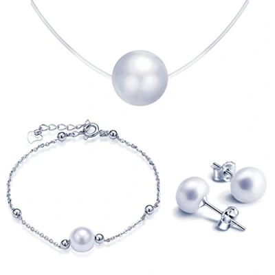 Abbildung von Yumilok Damen Halskette Armkette Ohrstecker Schmuck Sets mit Perlen Anhänger Nylonkette Ohrringe Armband Collier 925 Sterling Silber für Mädchen