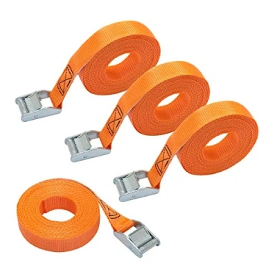 Abbildung von Amazon Basics Spanngurt, 6 m lang, 25 mm breit, Belastbarkeit 150 kg, entspricht DIN EN 12195 2, Orange, 4 Stück