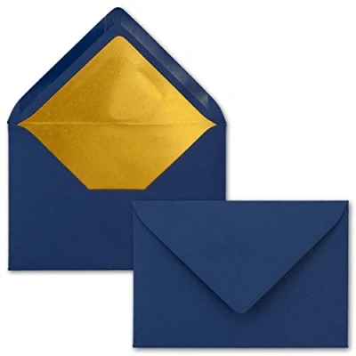 Abbildung von Kuverts Nachtblau 25 Stück Brief Umschläge DIN C6 114 x 162 mm 11,4 16,2 cm Naßklebung matte Oberfläche &amp; Gold Metallic Fütterung ohne Fenster für Einladungen