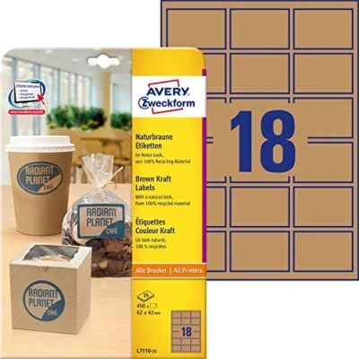 Abbildung von AVERY Zweckform L7110 25 Kraftpapier Etiketten (450 Aufkleber zum Bedrucken, 62x42mm auf A4, selbstklebend, rechteckige Recycling Etiketten, nachhaltige Produktaufkleber) Blatt, naturbraun