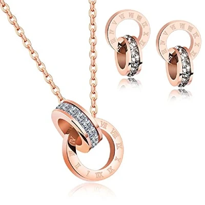 Abbildung von Crystalline Azuria Weiß Kristalle Rund Schmuck Set Halskette Anhänger 45 cm Ohrstecker Ohrringe 18 kt Rosé Vergoldet für Damen