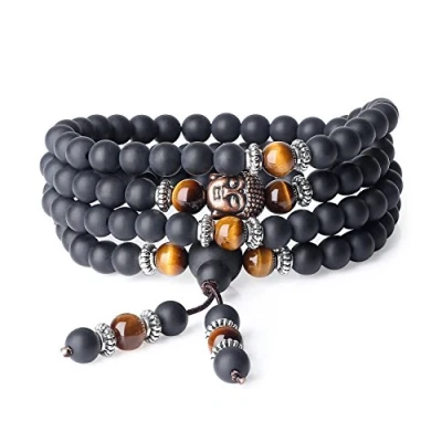 Abbildung von COAI Geschenkideen Herren Damen 108 Buddha Mala Armband aus Geschliffenem Onyx und Gelbem Tigerauge