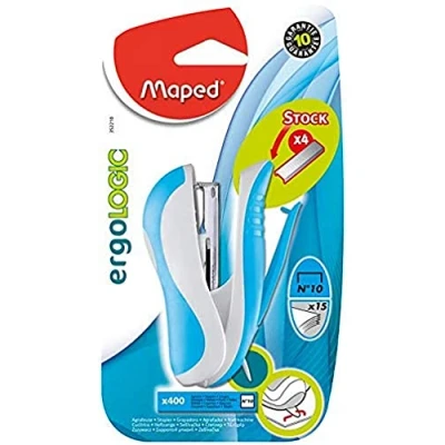 Abbildung von Maped Ergologic Heftgerät für Heftklammern Nr. 10, integrierte und Heftklammern, inkl. 1 Box mit 400 Klammern, Blau
