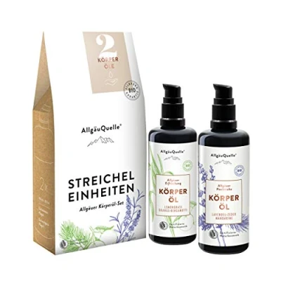 Abbildung von AllgäuQuelle® Bio Körperöl Set STREICHEL EINHEITEN Geschenkset Naturkosmetik 2 x 100 ml Körperöle pflegen trockene Haut mit Sesam, Jojoba, Avocado und Shea naturreinen ätherischen Ölen