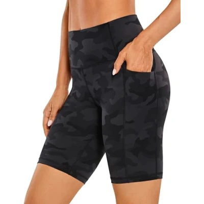 Abbildung von CRZ Yoga Naked Feeling Damen Kurze Leggings High Waist Radlerhose Fitness Sporthose mit Taschen 20cm Dunkelgraue Tarnung 44