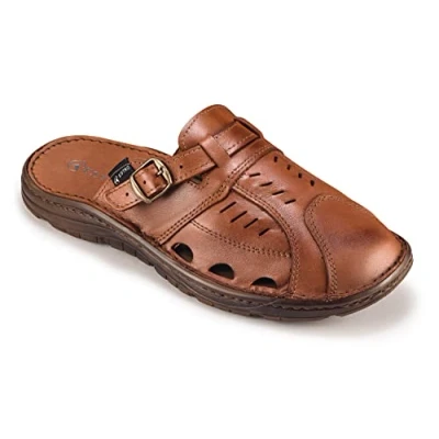Abbildung von ESTRO Sandalen Herren Leder Pantoletten Echtleder Sommerschuhe Schlappen mit Rutschfeste Gummisohle S4 (43, Rostbraun)