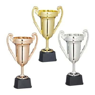 Abbildung von Relaxdays Sonstiges Pokal Pokale, 3er Set, Sport und Feste, ohne Gravur, Kunststoff, Henkelpokal HxBxT: 22,5 x 13,5, mehrfarbig, Set