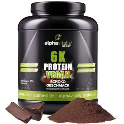 Abbildung von PROTEINPULVER vegan Schoko 6K Mehrkomponentenprotein 1 Kg pflanzlicher Eiweiß Shake zuckerfrei fettfrei laktosefrei hoher Proteingehalt ideal zum Kochen und Backen Eiweißpulver